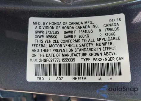 2018 Honda Civic Ex from USA, damaged, VIN 2HGFC2F77JH559335